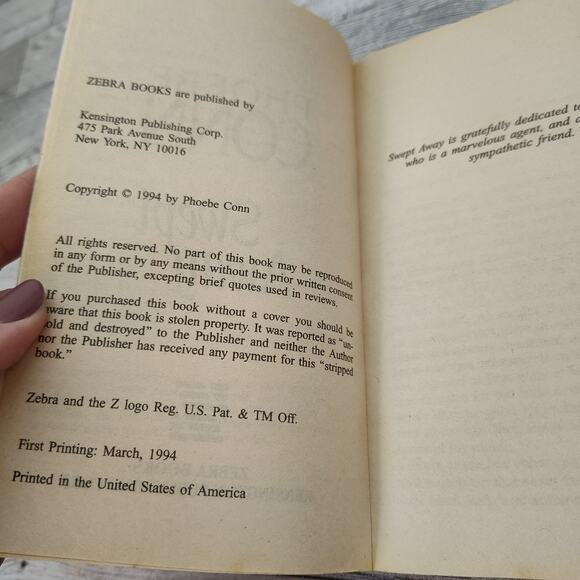 Swept Away by‎ Phoebe Conn 1994 Zebra First Printing Stepback Romance - Picture 4 of 12